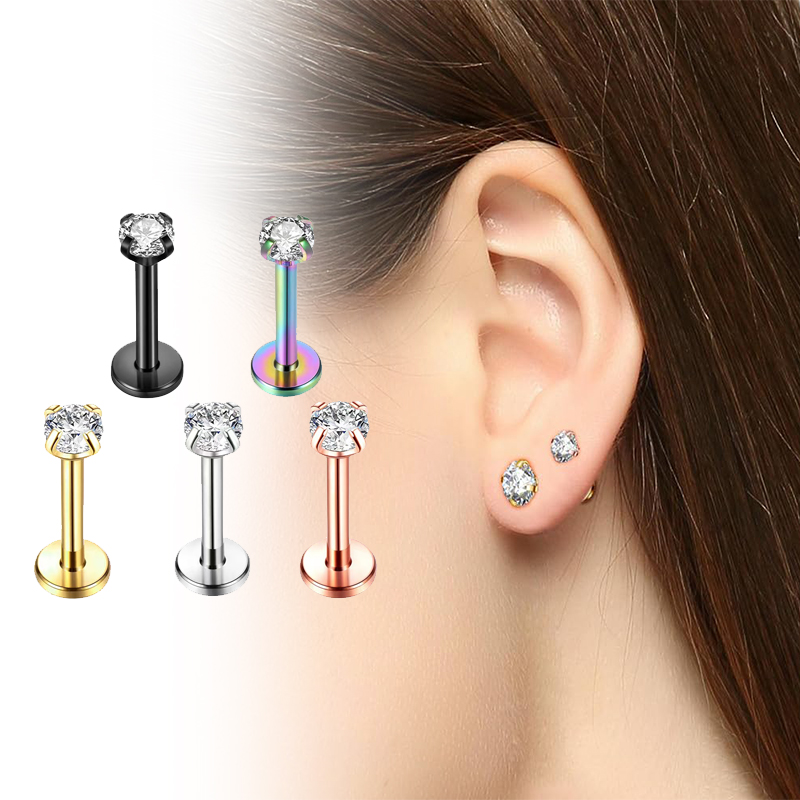 Body Jewelry Back - 16Gチタン製インターナルネジ式フラットバックキュービックジルコニアスタッドピアス、ラブレット、トラガス、軟骨、リップ、コンチ、ボディピアスジュエリー