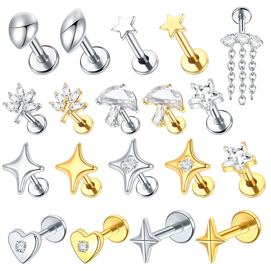 Flat Back Labret Stud - 1/5個入り G23チタン製 耳軟骨用フラットバックスタッド スター＆ハート ラブレットピアス リップ