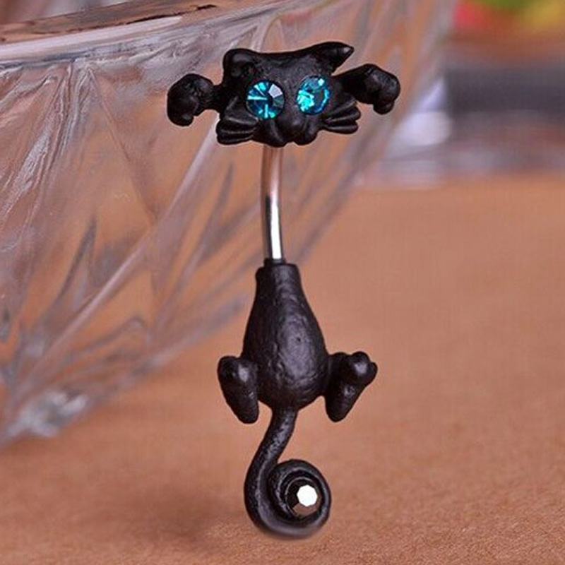Body Jewelry Brands - zlxgirl ファッション女性のかわいいグリーンアイジェット猫の形動物へそリングジュエリーブランドステンレス鋼ピアス