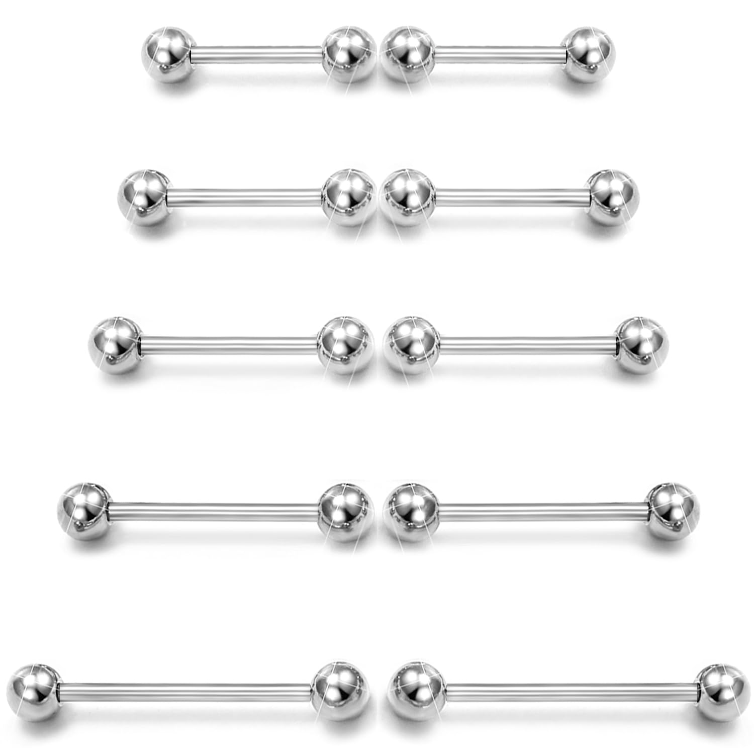 Tongue Barbell Straight - 10個入り 14G サージカルスチール ストレートバーベル タング＆ニップルリング 女性＆男性用