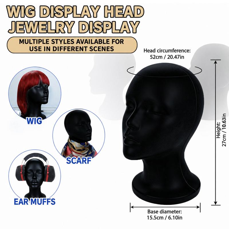 Body Jewelry Shop - 黒いベルベット製マネキンヘッド、周囲52cm、フォーム製ウィッグディスプレイスタンド、安定したベース、スカーフ、ヘッドセット、ジュエリー、サロンショップのディスプレイ用