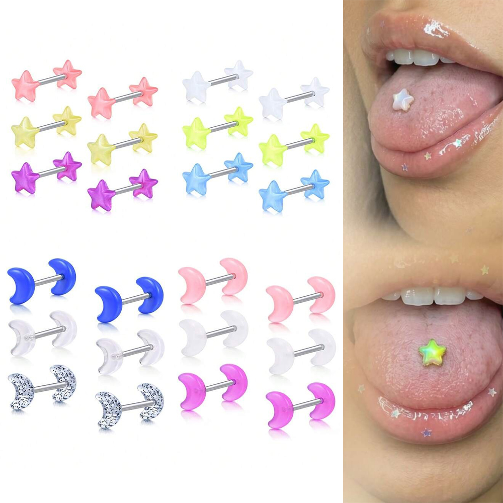 Tongue Barbell Straight - 16mm 14G ステンレス鋼ストレートバーベルピアスジュエリー、カラフルな月と星のデザイン、ユニセックス舌/乳首リング