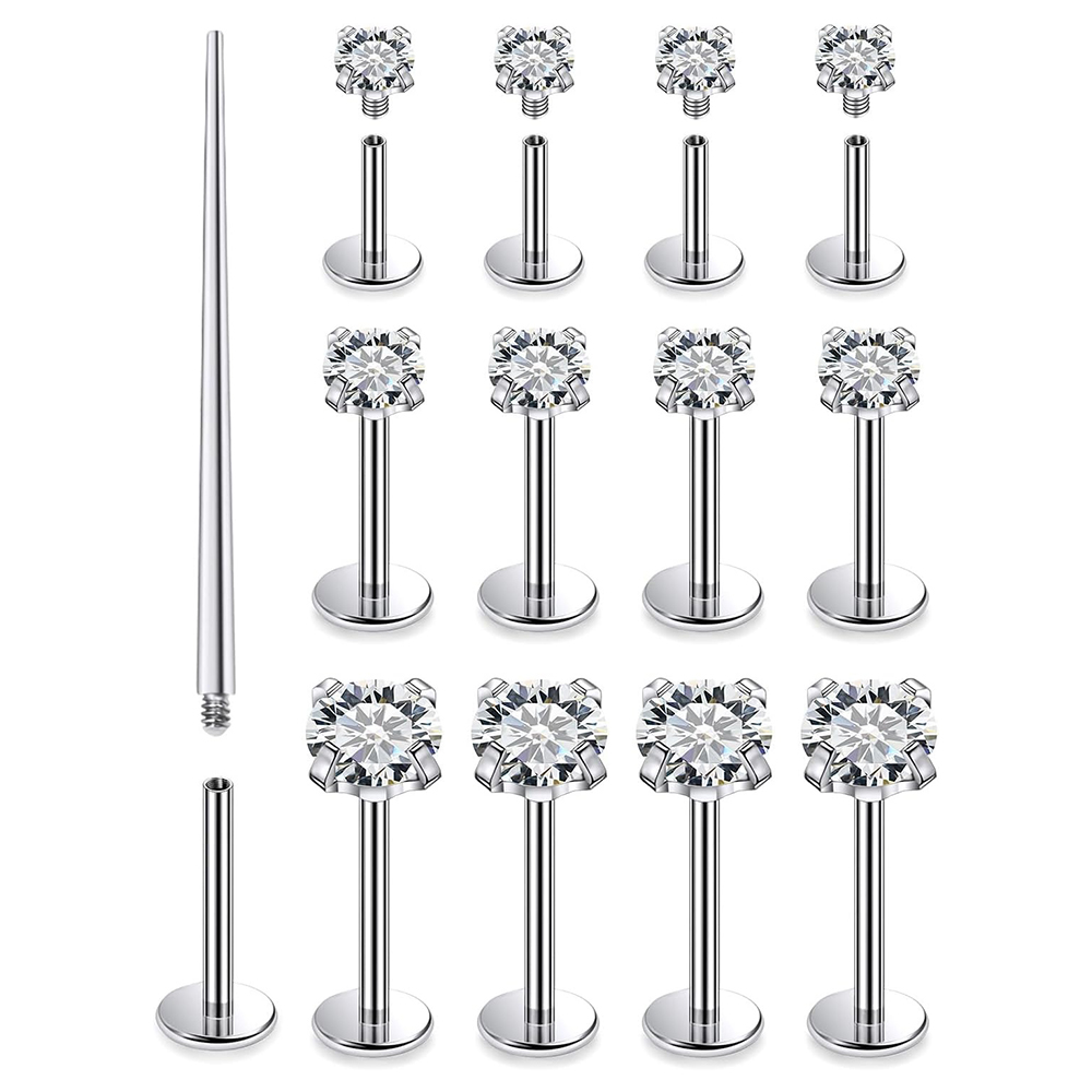 Flat Back Labret Stud - 13 個ラブレットピアスセットサージカルスチール CZ ジルコニアリップスタッドバーイヤリング軟骨珠フラットバックイヤリングボディジュエリー 16 グラム