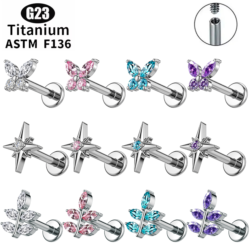 Flat Back Labret Stud - 1個入り G23 チタン 16G ジルコン イヤースタッド