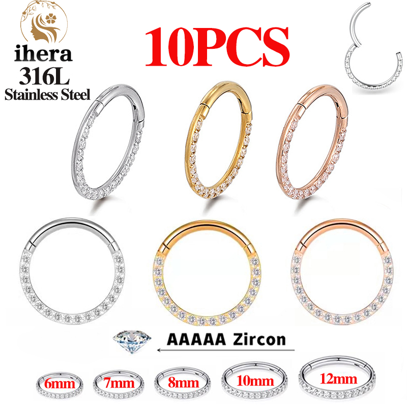 Body Jewelry And Earrings - 1/10個入り ステンレス製ノーズリング セプタムクリッカー CZジルコン ヒンジ付きセグメント ラウンドイヤリング