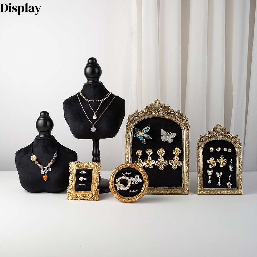 Body Jewelry Stores - 黒ベルベット製バストフォームジュエリーディスプレイスタンド、ネックレスショーケース＆収納用ハーフボディマネキン、店舗カウンターウィンドウディスプレイ