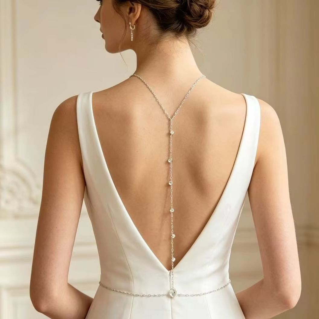 Body Jewelry Back - バックボディチェーン ジルコンスパインチェーン 調節可能 エレガントスタイル プロムドレス、パーティー、結婚式、ブライダルバックアクセサリーに合わせ可能