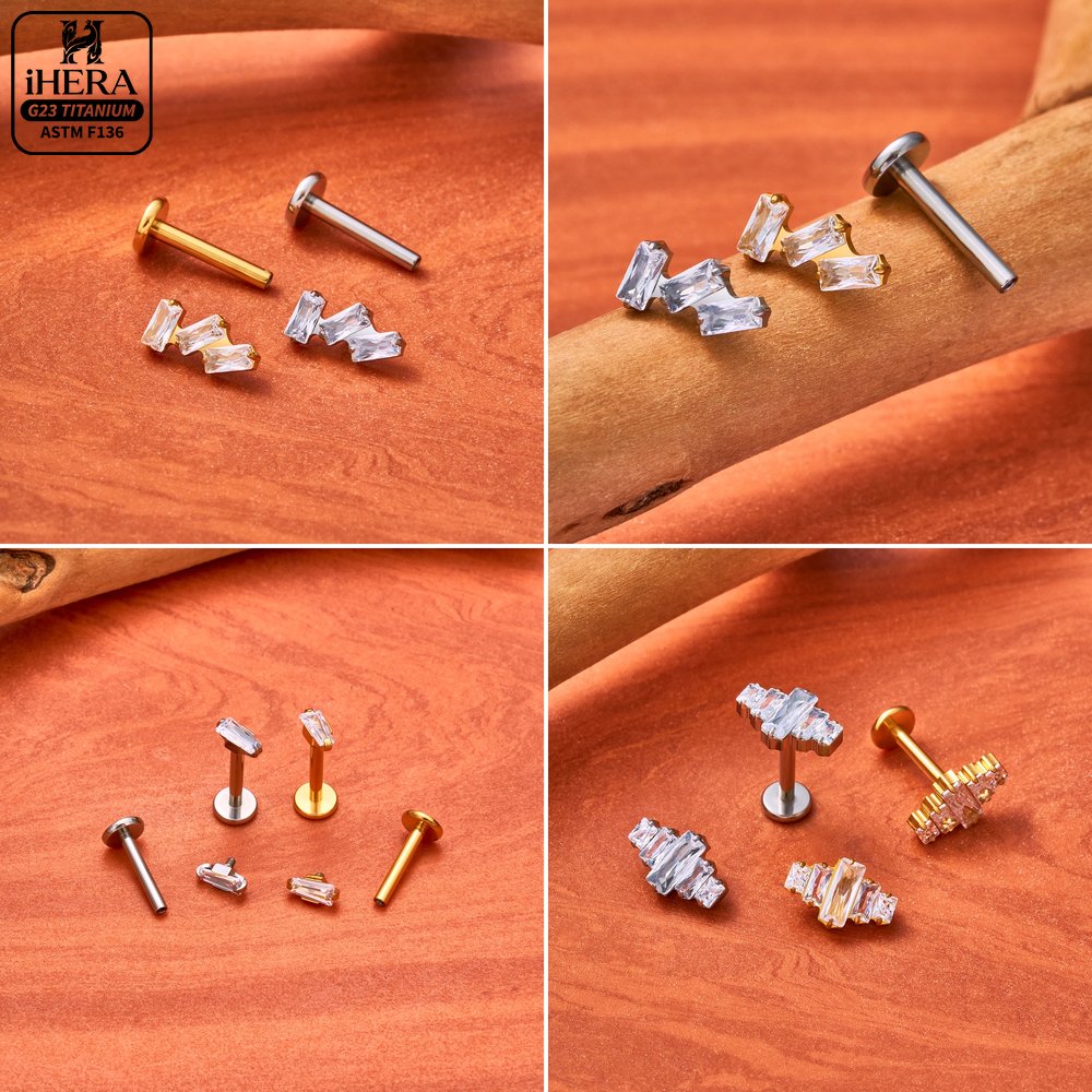 ASTM F136規格チタン製ピアス、バゲット型幾何学模様ク - Flat Back Labret Stud のレビューと価格