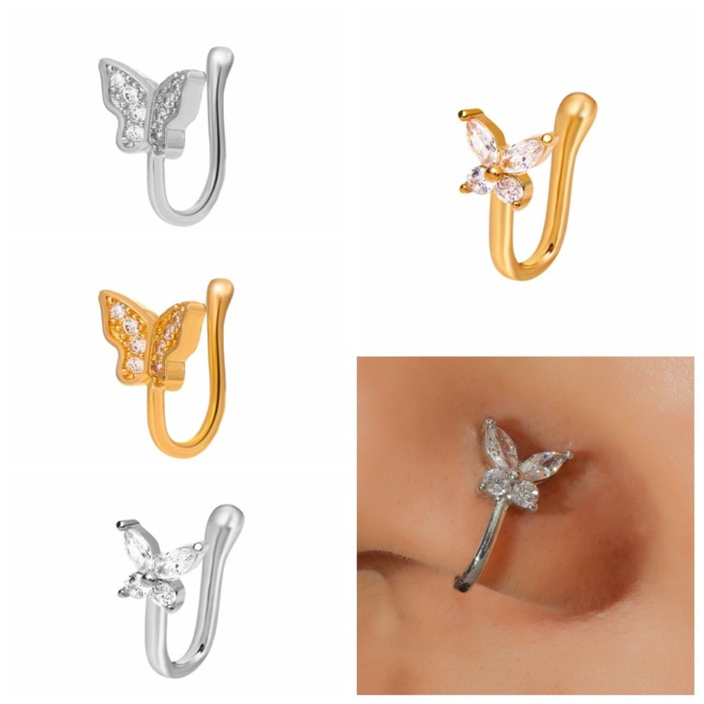ラインストーンバタフライノーズリング ジルコン銅製クリップオ - Body Jewelry Ear Piercing のレビューと価格
