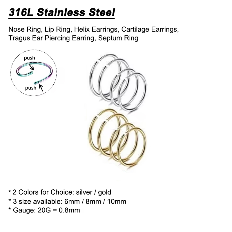 6個/ロット 低アレルギー性ノーズリングフープ 316Lサー - Body Jewelry And Earrings のレビューと価格