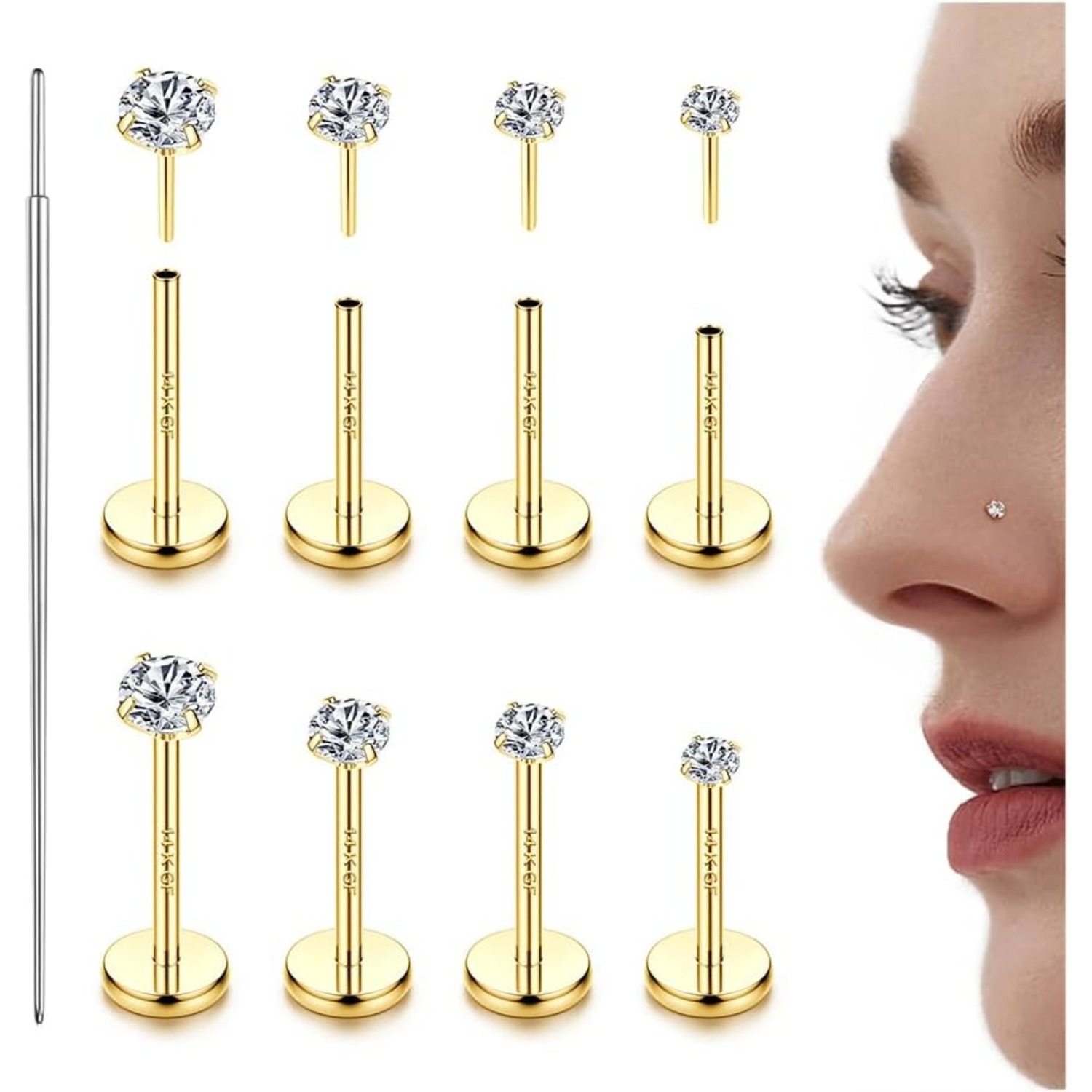 14K金メッキのスレッドレスノーズスタッド、CZノーズリング - Flat Back Labret Stud のレビューと価格