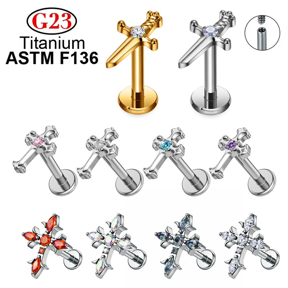 ASTM F136規格チタン製CZクロススタッドピアス 16 - Flat Back Labret Stud のレビューと価格